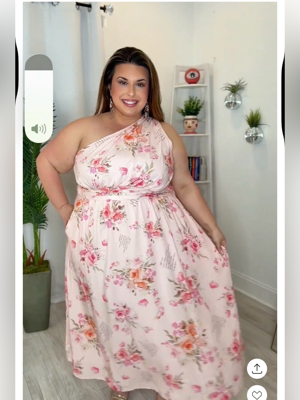 Plus One-Shoulder Pink Floral Midi Dress